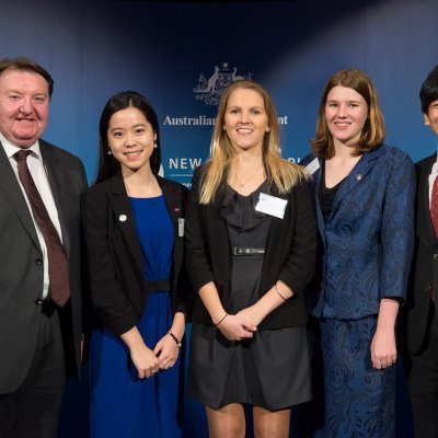 UQ’s Professor Alastair McEwan, left, with international scholarship winners Emily Chen, Kristie Higginson, Katrina Couzens and Hirotsugu Takahashi.